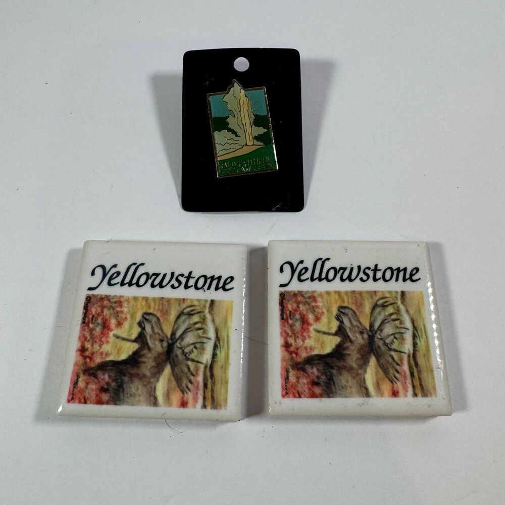 Yellowstone National Park Magnet LOT of 2 Old Faithful Geyser Pin Wyoming Parks